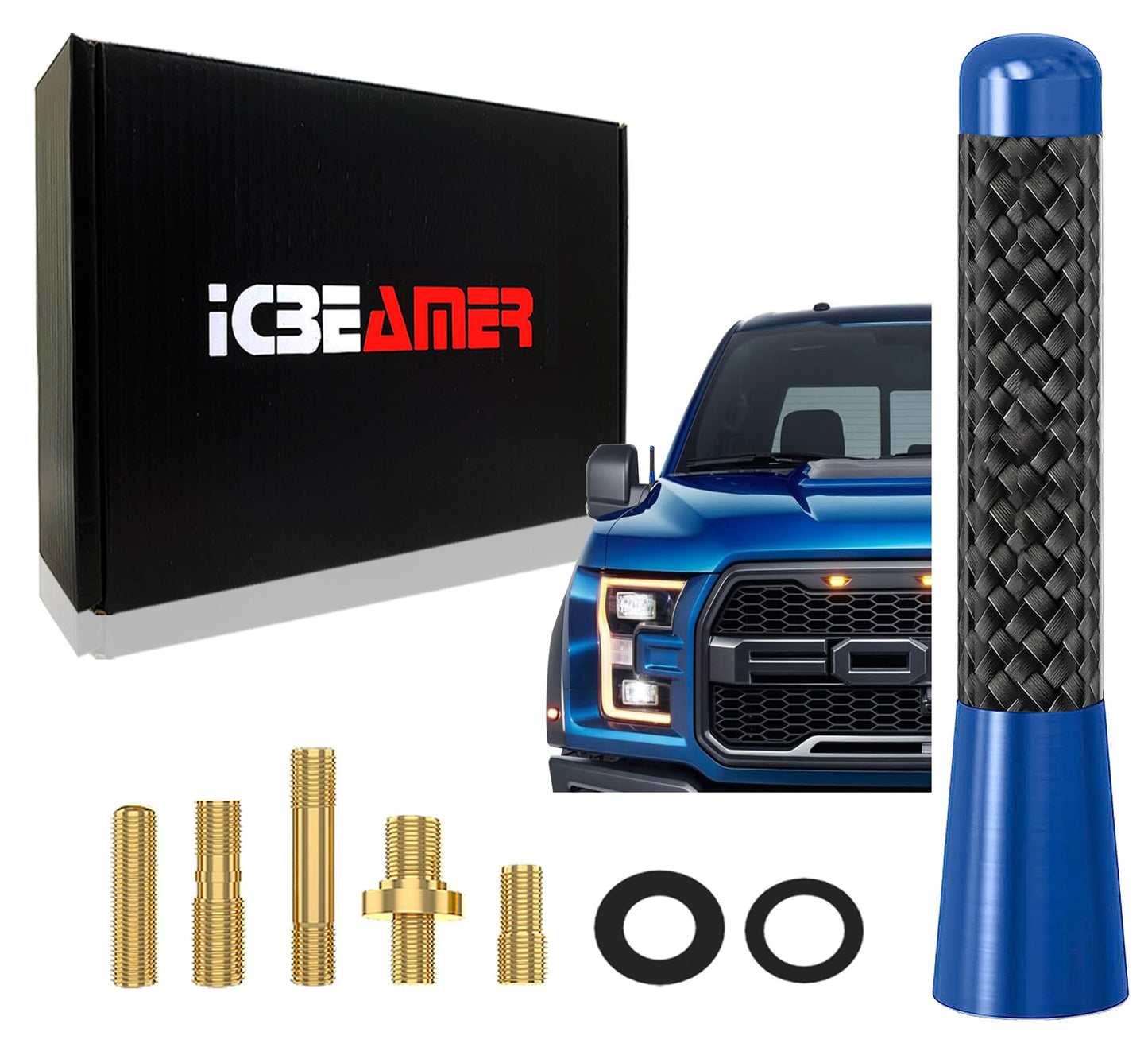 ICBEAMER 3" Carbon Fiber Polished Finish & Dark Navy Blue Aluminum Short Automotive Antenna with Internal Copper Coil Universal Work for AM/FM Radio