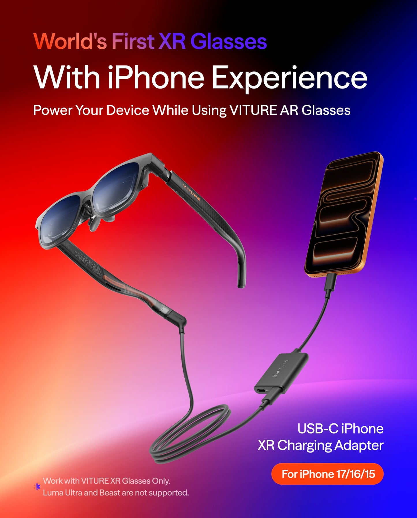VITURE USB- C Pro XR Charging Adapter for USB-C iPhone, Enabling Multi-Screen, Enhanced 3DoF, Spatial 3D, VR Video Features, Fits iPhone 17/16/15
