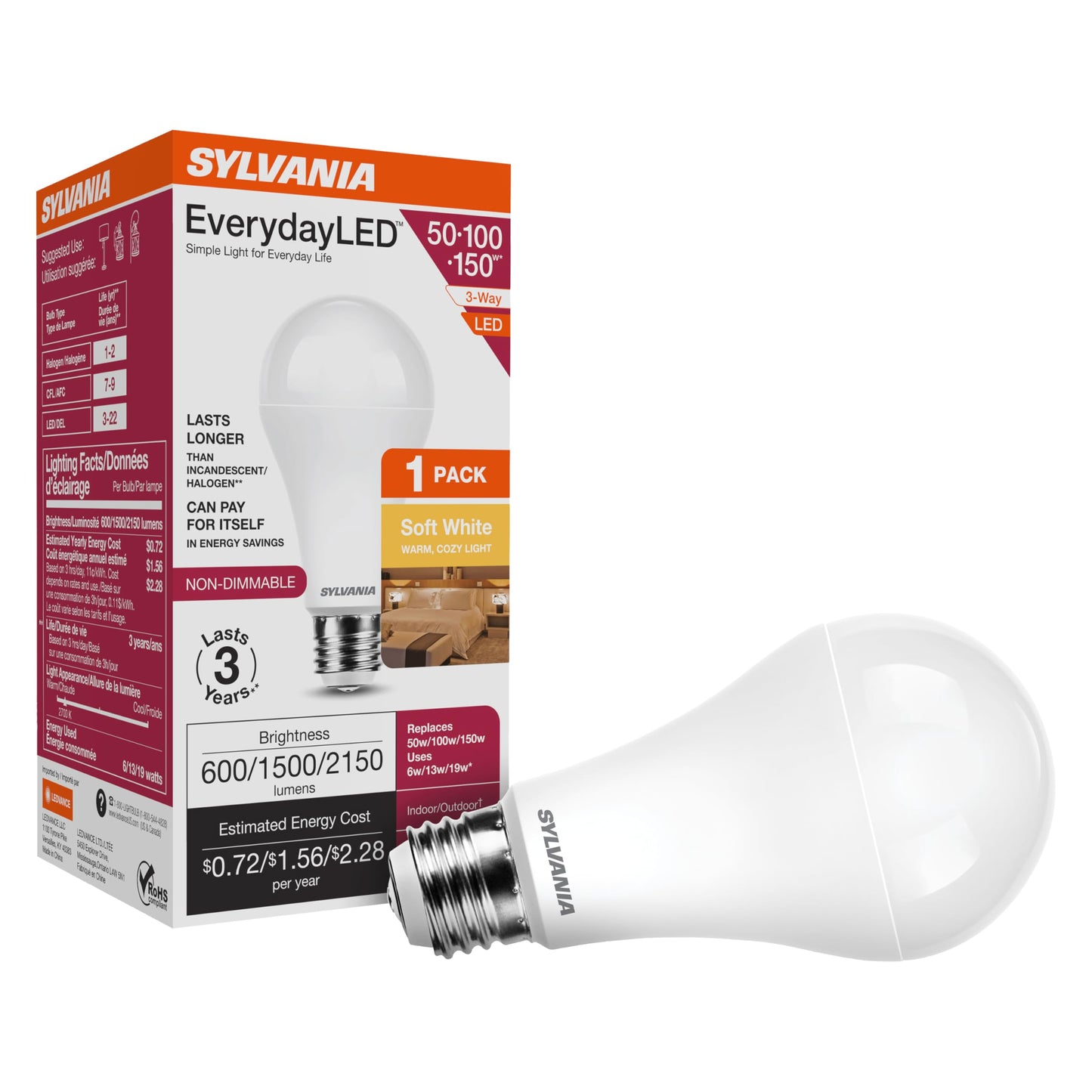 Sylvania 3-Way 6/13/19W EverydayLED A21 LED Light Bulb, 600/1500/2150 Lumens, Non Dimmable, 80 CRI, 2700K, Soft White - 1 Pack (42052)