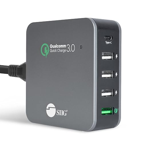 SIIG USB C Charger 5 Port 45W with Quick Charge 3.0, USB Type C & QC 3.0 Desktop Charging Station Plus Phone / Tablet Organizer Stand - Black