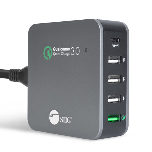 SIIG USB C Charger 5 Port 45W with Quick Charge 3.0, USB Type C & QC 3.0 Desktop Charging Station Plus Phone / Tablet Organizer Stand - Black