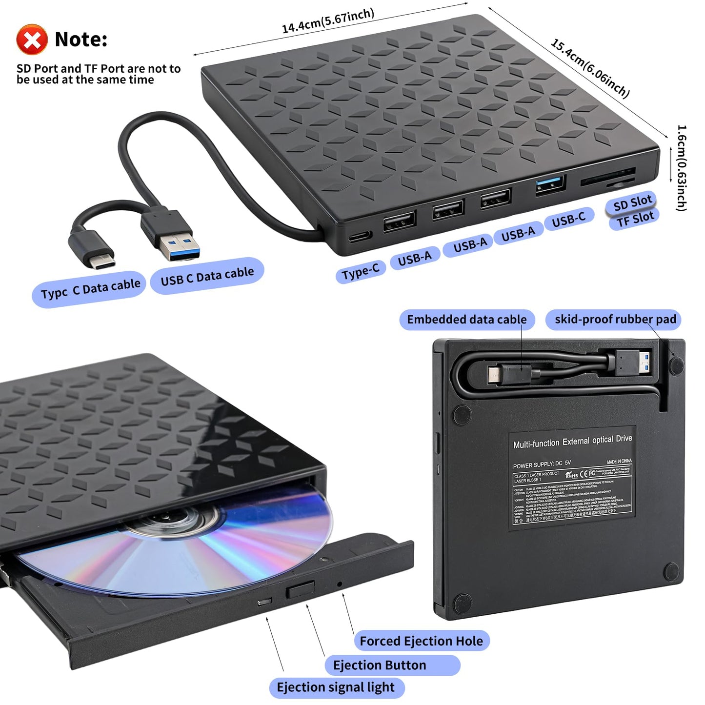 External DVD/CD Drive, DVD Player for Laptop 8 in 1, Portable CD Burner +/-RW Drive, CD Player for ROM Rewriter Burner, Compatible with Laptop