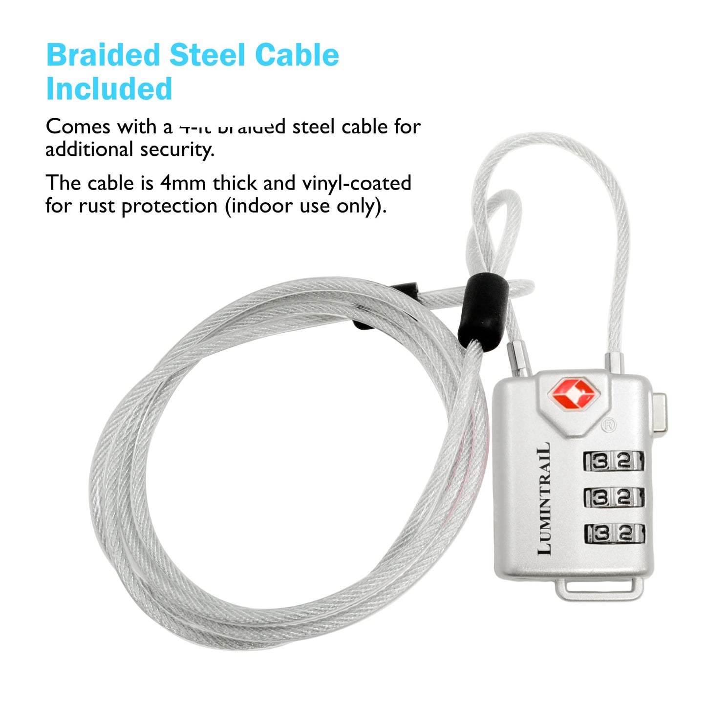 Lumintrail TSA Approved Luggage Lock – 3-Digit Personalized Combination with 4-FT Braided Steel Cable, Metal Travel Suitcase Lock (Silver, 1 Pack)