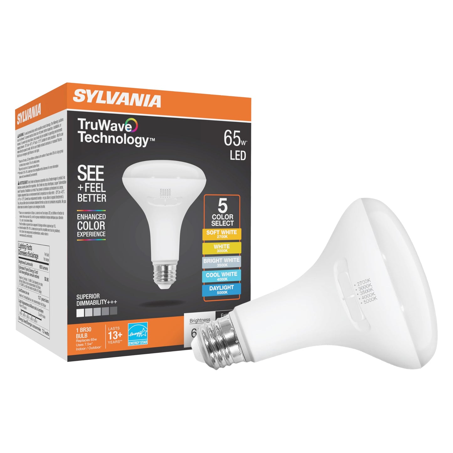 Sylvania TruWave BR30 LED Light Bulb, 7.5W = 65W, 5 CCT Select 2700/3000 / 3500/4000 / 5000K, Dimmable, 650 LMS, Frosted Finish - 1 Pack (41922)