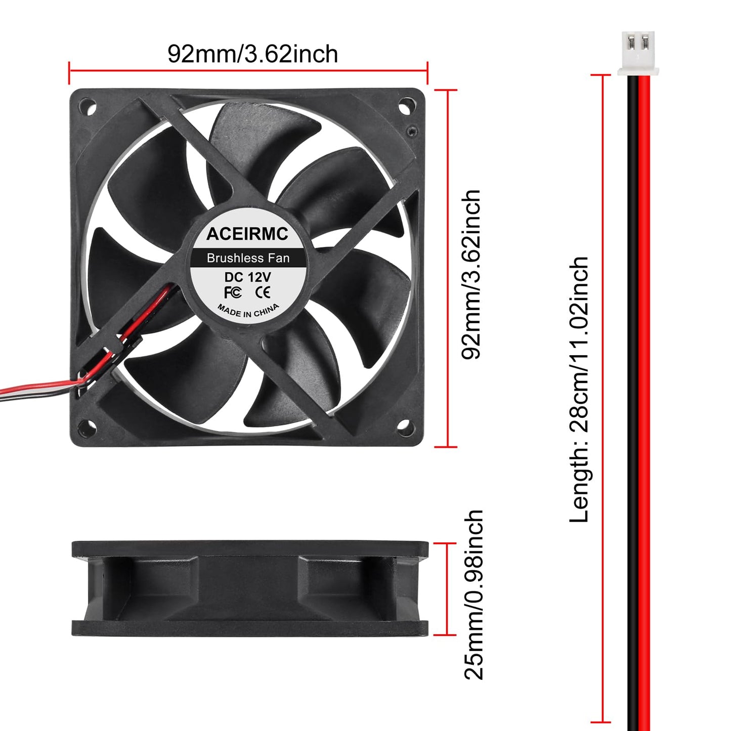 ACEIRMC 2pcs 9225 92mm x 25mm 12V DC Brushless Computer case Fan 12 Volt 2Pin Dual Ball for DIY Cooling Ventilation Exhaust Projects (Double Ball