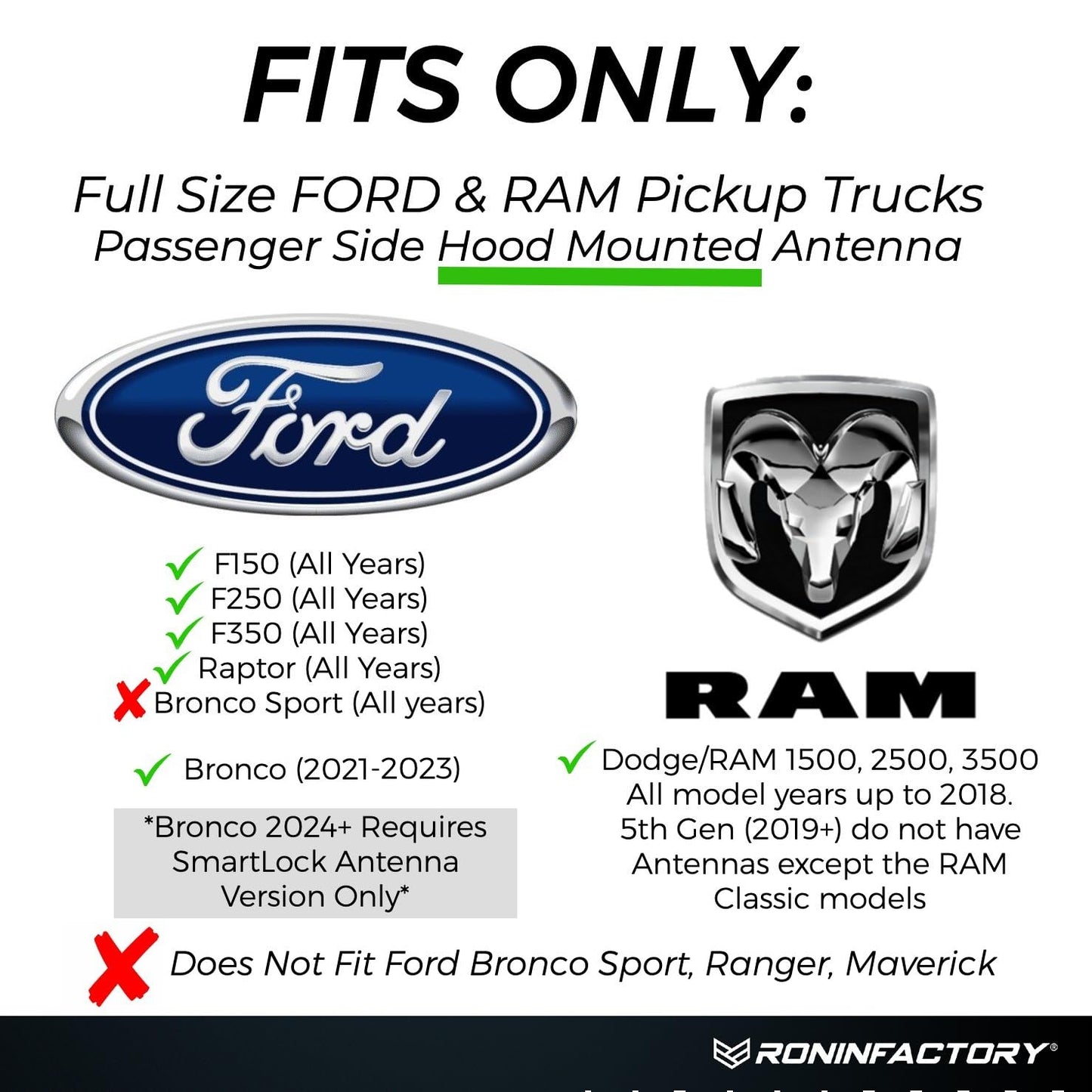 RONIN FACTORY Truck Antenna for Ford F150 F250 F350 Super Duty Raptor Bronco (21-23) Lightning Dodge RAM 1500 Accessories - Anti Theft - Carwash Safe