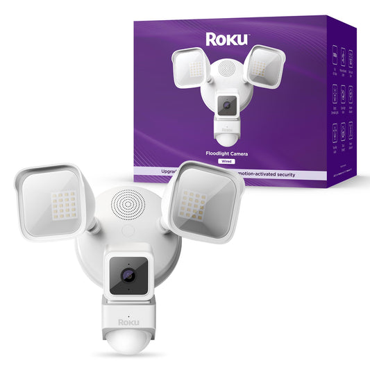 Roku Floodlight Camera for Home Security, Wired Outdoor 1080p HD Security Cam with 270° Night Vision, Dimmable Floodlights, Motion & Sound Detection
