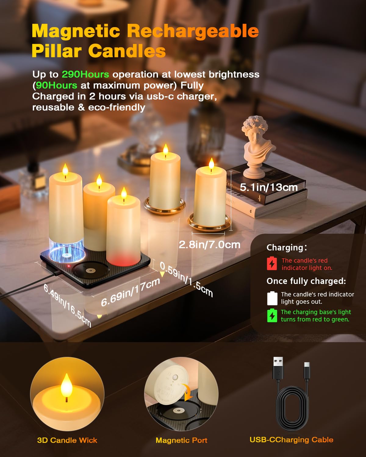 Yme Rechargeable Flameless Pillar Candles with Remote & Magnetic Charging Base, 4PCS Waterproof LED Flickering Candles with Timer for Indoor Outdoor