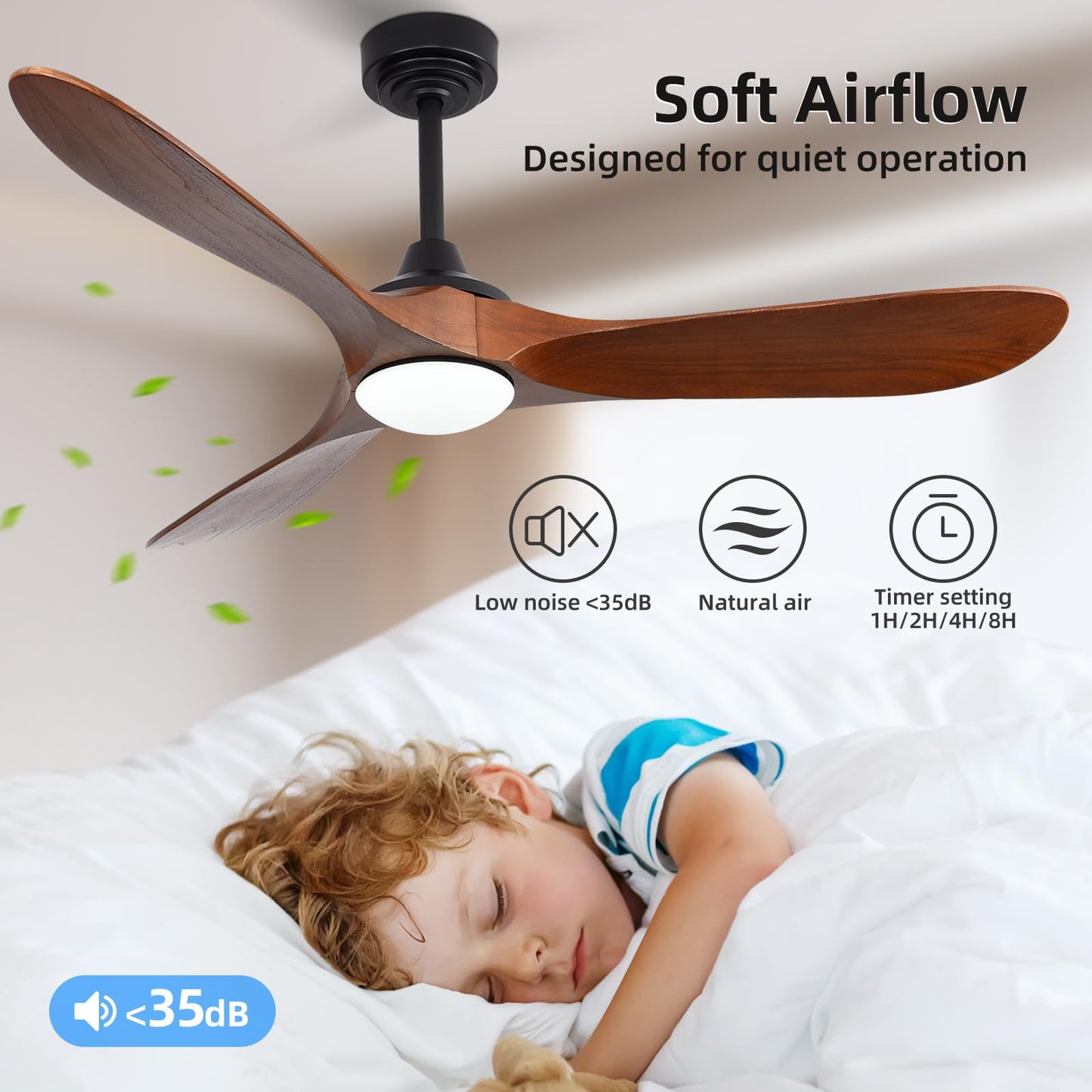 Homlit 52” Outdoor Ceiling Fan with Light and Remote via WiFi Alexa, 3 Walnut Solid Wood Blade, Noiseless Reversible Dc Motor, Smart Outdoor Wood