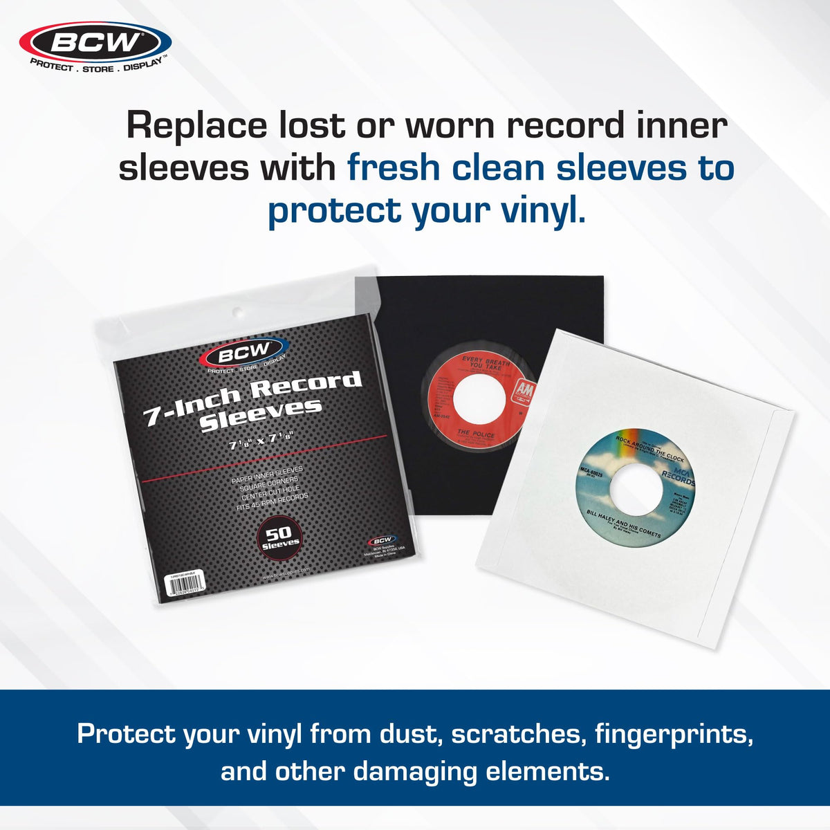 BCW Polylined Black Paper 7 in Square Corner Record Sleeves - 50 ct | Inner Protective Sleeves with Center Hole for Vinyl Records | Acid-Free, Scratch
