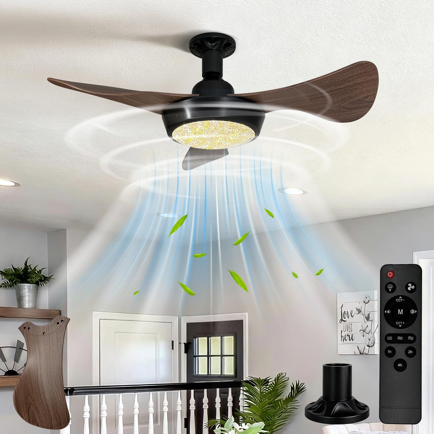 ASCMZOS Socket Fan Light with Remote, 25" Ceiling Fans with Lights, 3 Colors 3000K-6500K Dimmable LED Light Bulb Fan, Screw in Small Ceiling Fan