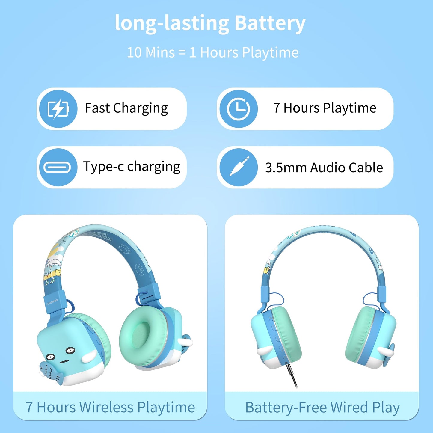 YLFASHION Kids Bluetooth Headphones, 85dB Volume Limit, Ultra-Soft Over-Ear, Built-in Mic, Foldable,Cartoon Animal Design, Suitable for School…