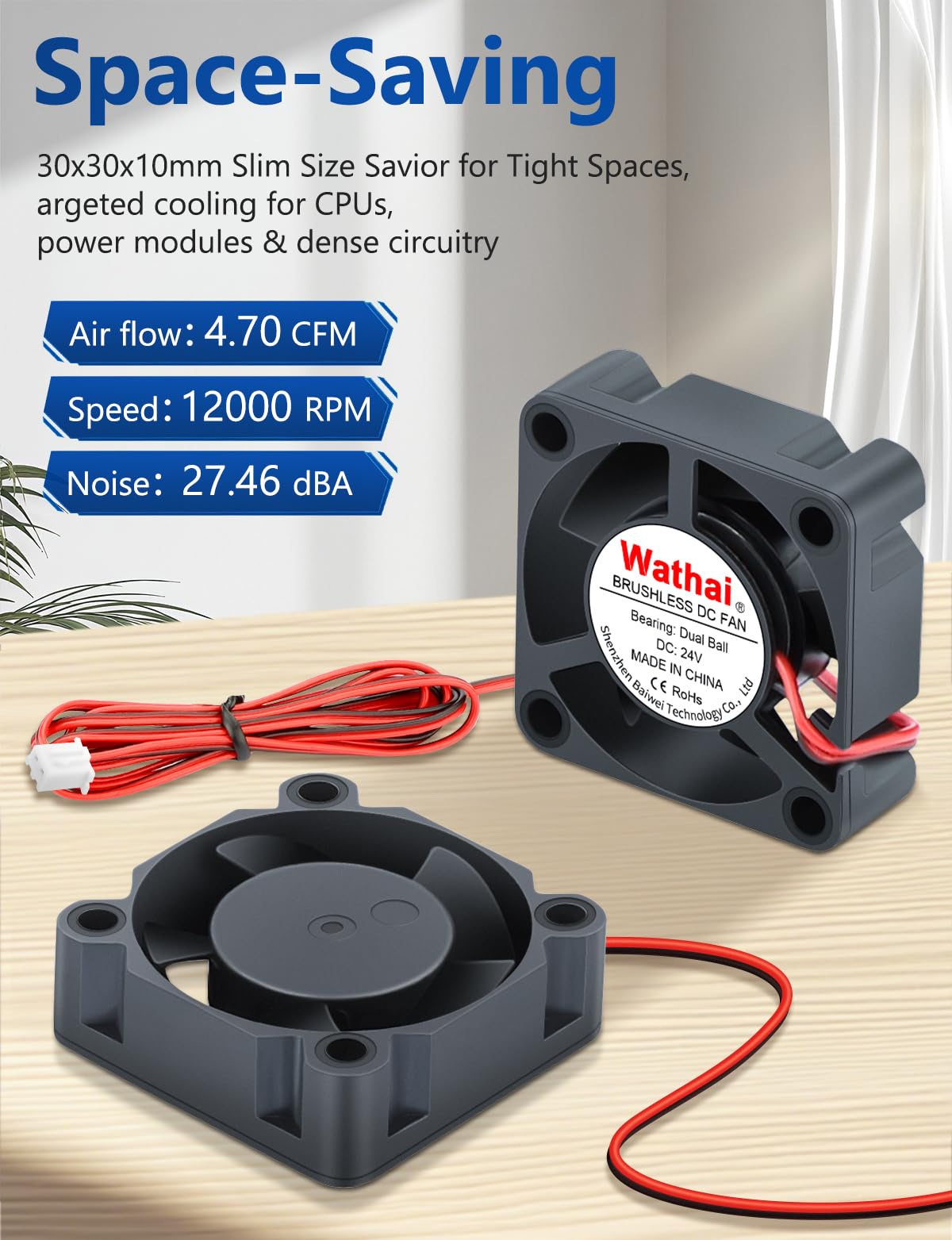 Wathai 2pcs 3010 30mm Fan 24V Dual Ball DC Brushless 3D Printer Micro 24 Volt Cooling Fans 30x30x10mm 2Pin with 1000 mm / 3.3 FT Wires for 3D Printer