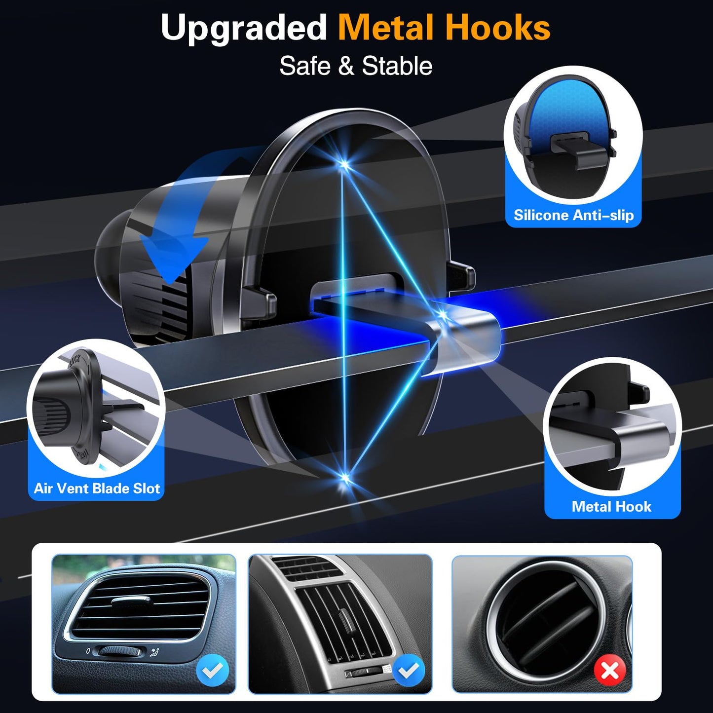 Magnetic Car Mount Air Vent Cell Phone Holder, Universal Vehicle Dash Dashboard Ac Airvent Cellphone Magic Stand with Clip Hook, for iPhone 16 15