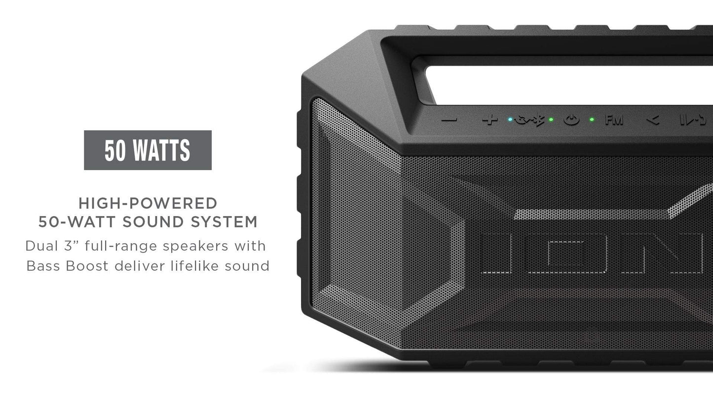 ION AQUABOOM MAX - Waterproof Bluetooth Speaker Mudproof/Sandproof Stereo Boombox and FM Radio (5 Pack) (Renewed)