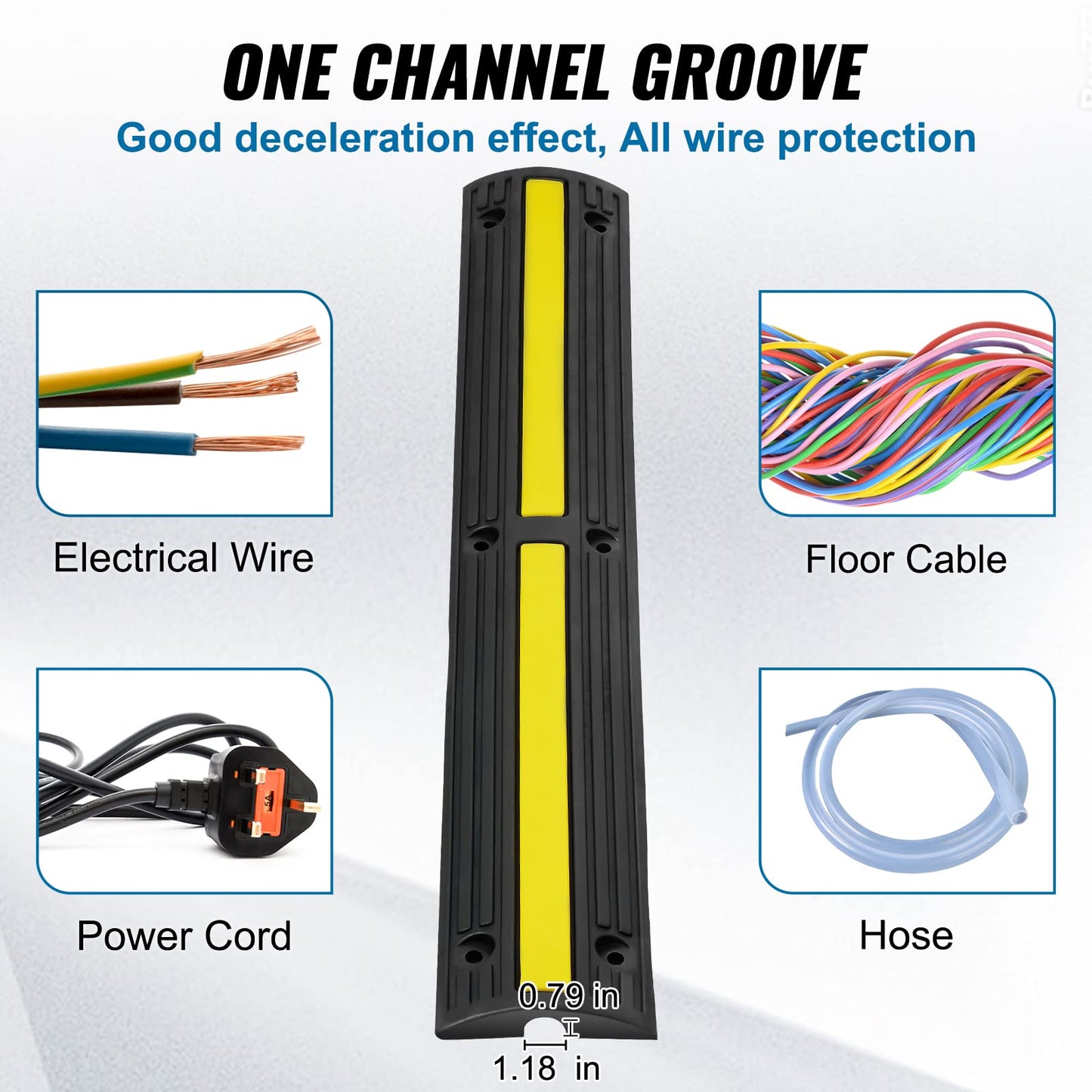 VEVOR 3.28 ft Cable Protector Ramp, 4 Pack of 1 Channel, 18000 lbs/axle Capacity Heavy Duty Rubber Speed Bumps, Floor Cord Cable Protector Wire Cover