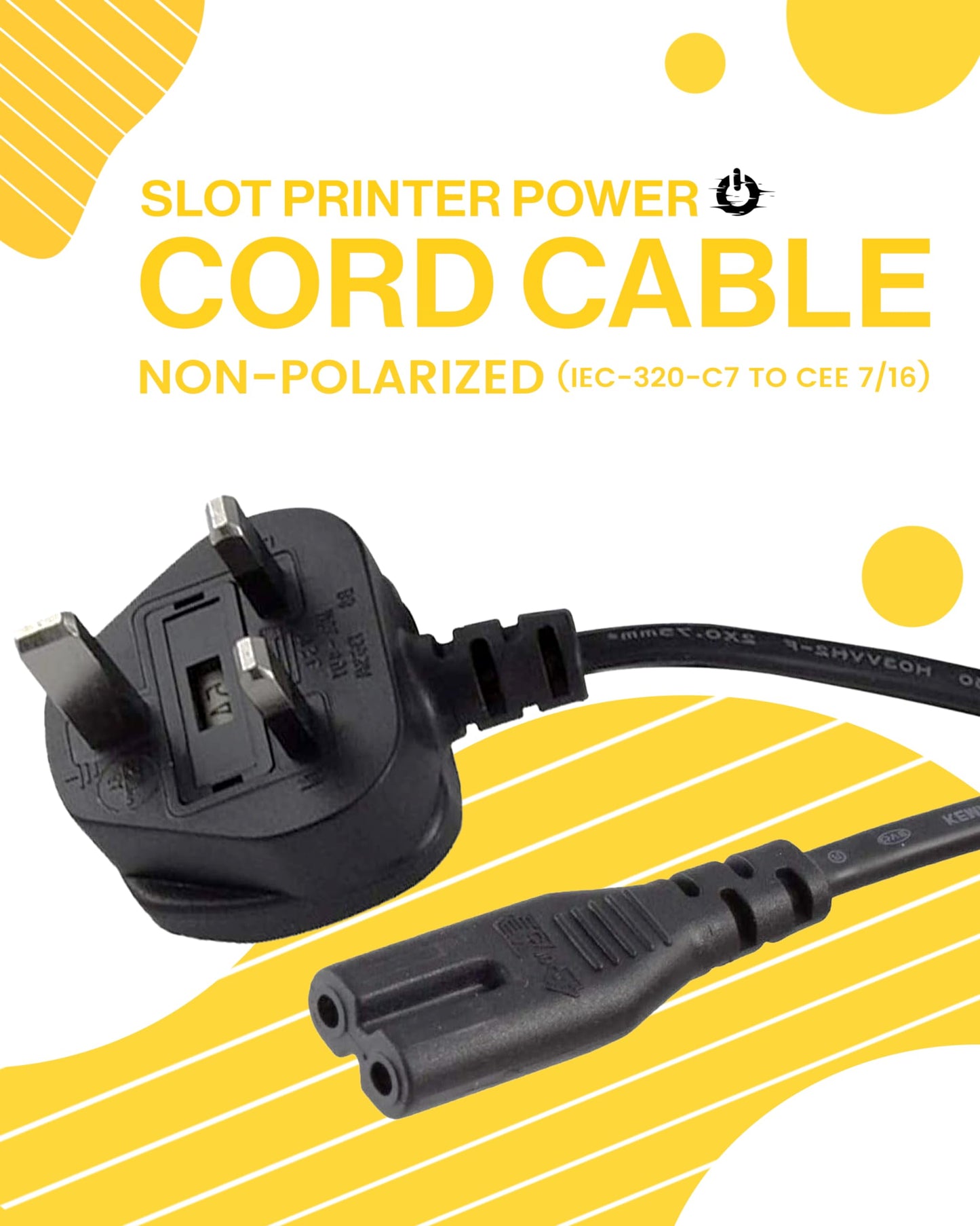 United Kingdom UK 2- Slot Printer Power Cord Cable, Non-Polarized (IEC-320-C7 to CEE 7/16) Works with Printer, TV, PS4 Game Console and More for UK