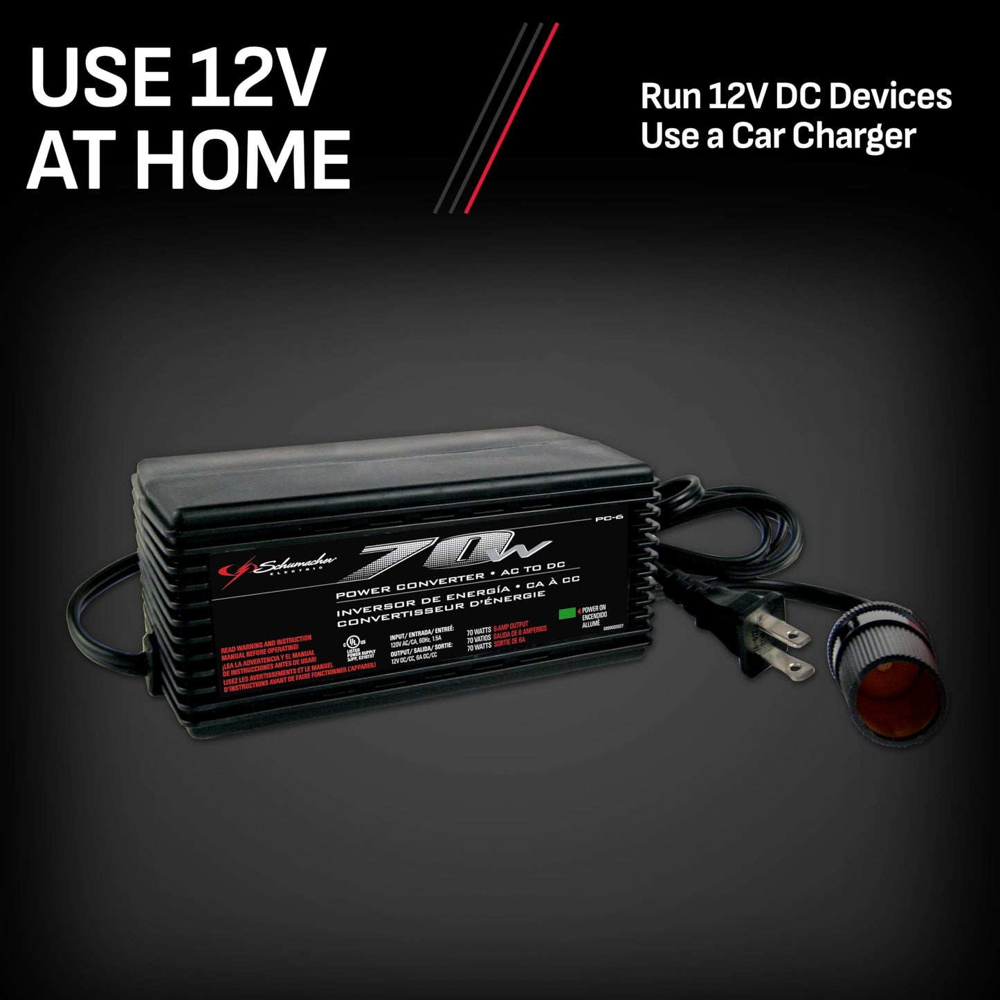 Schumacher Electric AC to DC Power Converter, PC-6, 70 Continuous Watts, 140 Peak Watts, 12 Volt DC Accessory Port, Plugs into Household AC Outlets