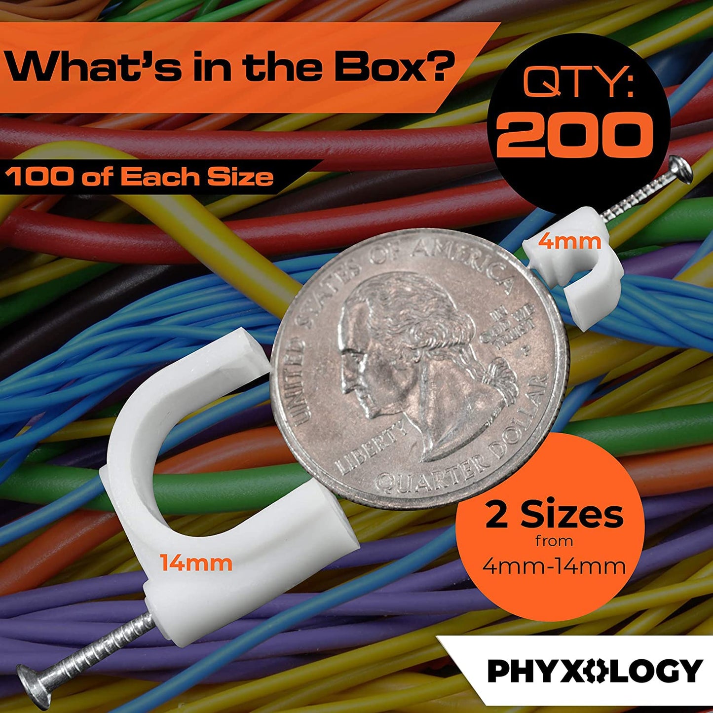 PHYXOLOGY SUPPLY Pro-Grade, Cable Clips with Steel Nails 4mm, 14mm Wire Holders and Tacks 100 Per Size. Durable, UV Resistant Plastic Clips Help
