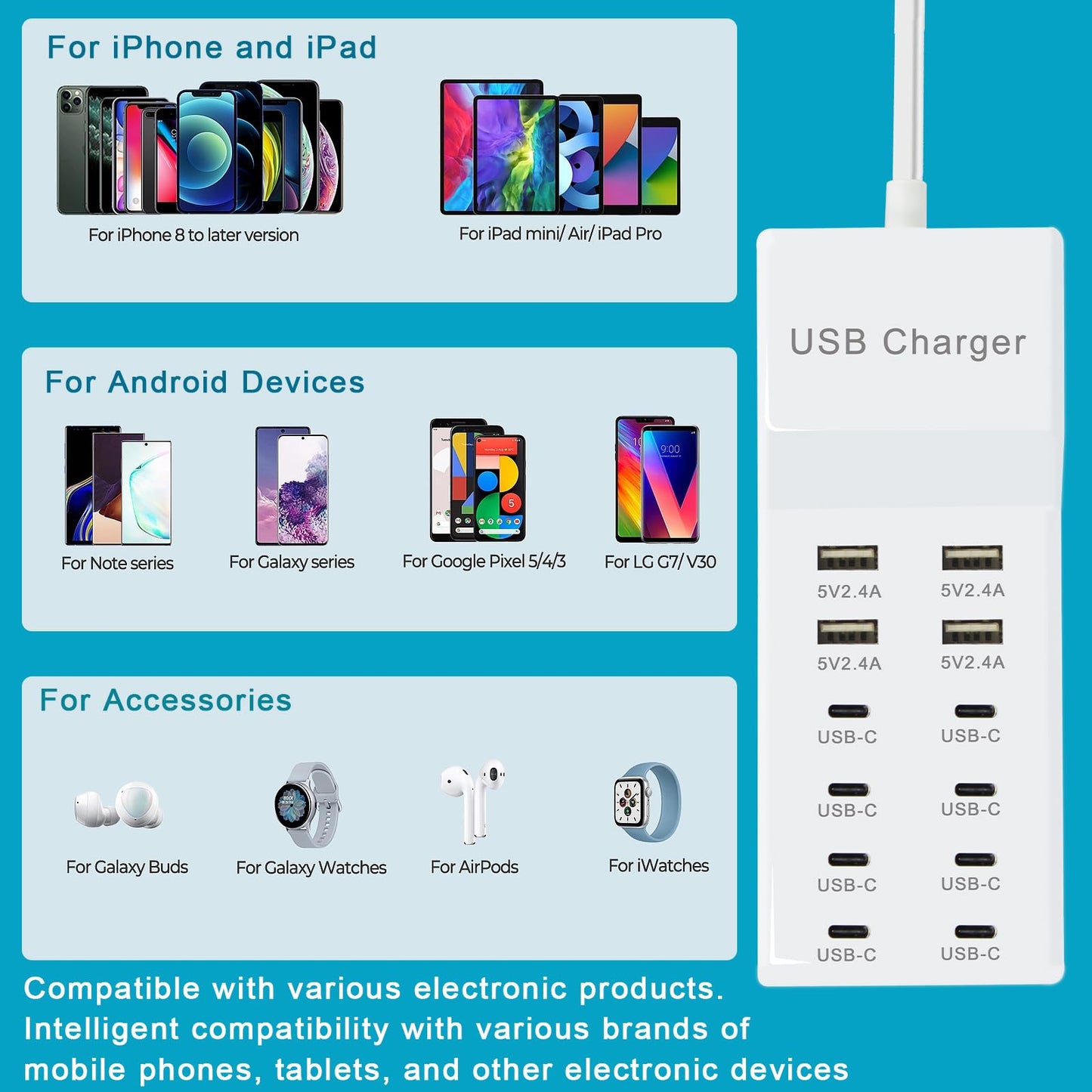 USB Charger Block, 12-Port Charging Station (4 USB-A and 8 USB-C Ports)