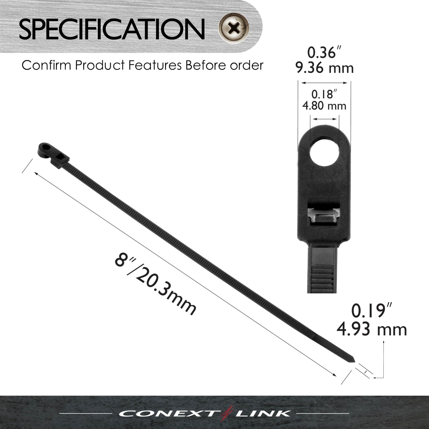 Conext Link 100 Nylon Cable Wire Zip Ties Mounting Hole Nail Screw 50 LBS 8" Inch Black
