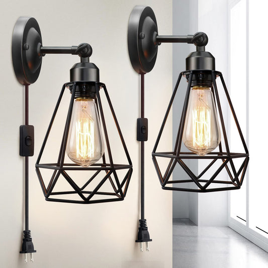 WimiSom Plug in Wall Sconce, Wire Cage, Industrial Wall Lamp with Plug in Cord, Rustic Sconce Fixture, On/Off Switch Vintage Wall Light Fixture