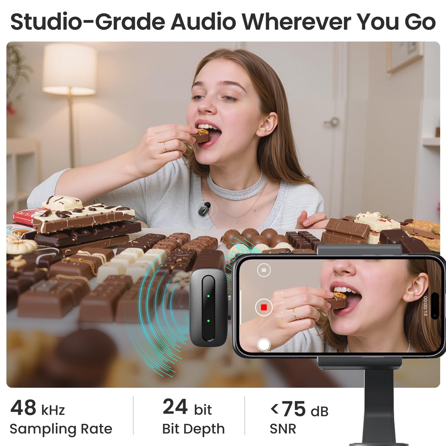 Snapgear Mic Mini Microphone, Wireless Microphone for iPhone/Android, 30H Battery Life with Charging Case, 48kHz/24bit, Noise Cancellation for