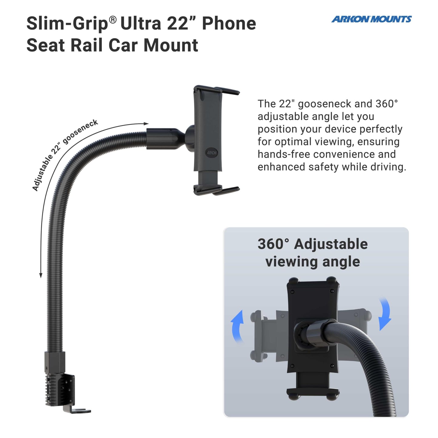 Arkon Mounts - Car Seat Rail Phone or Tablet Mount | Flexible Positioning | 22" Gooseneck | 360° Adjustability | Tablet Holder fits iPhone, Galaxy