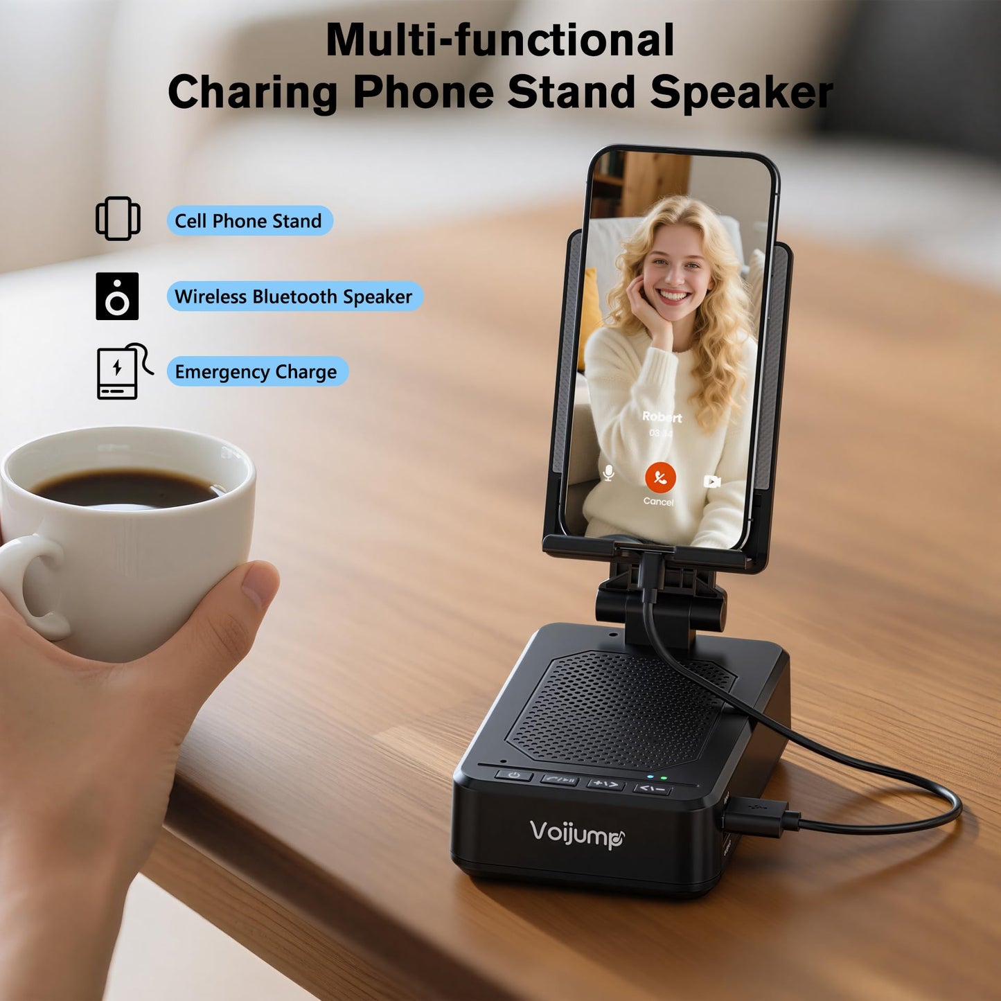 Cell Phone Stand with Wireless Bluetooth Speaker and Charging, Anti-Slip Base HD Surround Sound, Perfect for Home/Outdoor, Phone Holder Compatible