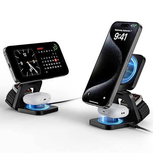3-in-1 Wireless Charger Stand, LULULOOK 15W Magnetic Charger Wireless Fast Charging Station for iPhone 16/15/14 Series, Aluminum 5W Charger for Apple