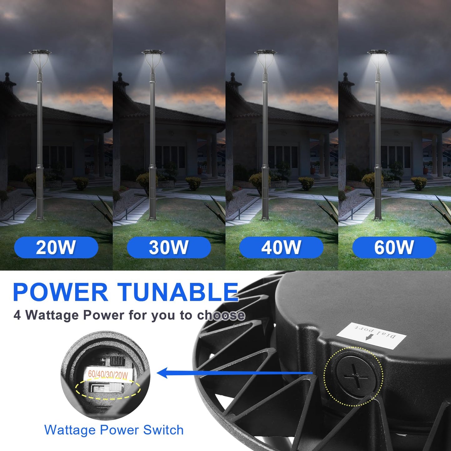 LED Post Top Light with Dusk to Dawn Photocell, 20W/30W/40W/60W Wattage Selectable, 3000K/4000K/5000K CCT Tunable, LED Post Top Outdoor Circular Area