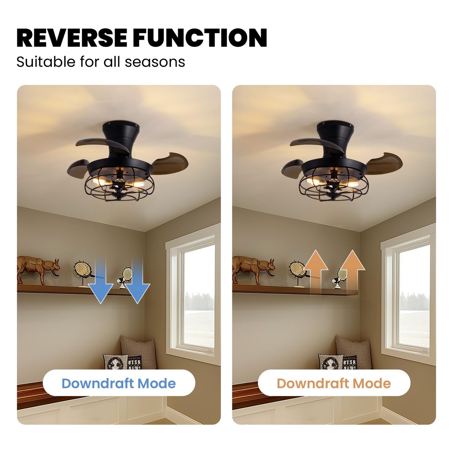 CROSSIO 22" Retractable Ceiling Fans with Lights, Black Caged Fandelier Ceiling Fans with Remote, 6 Wind Speeds,Invisible Blades, Industrial Flush