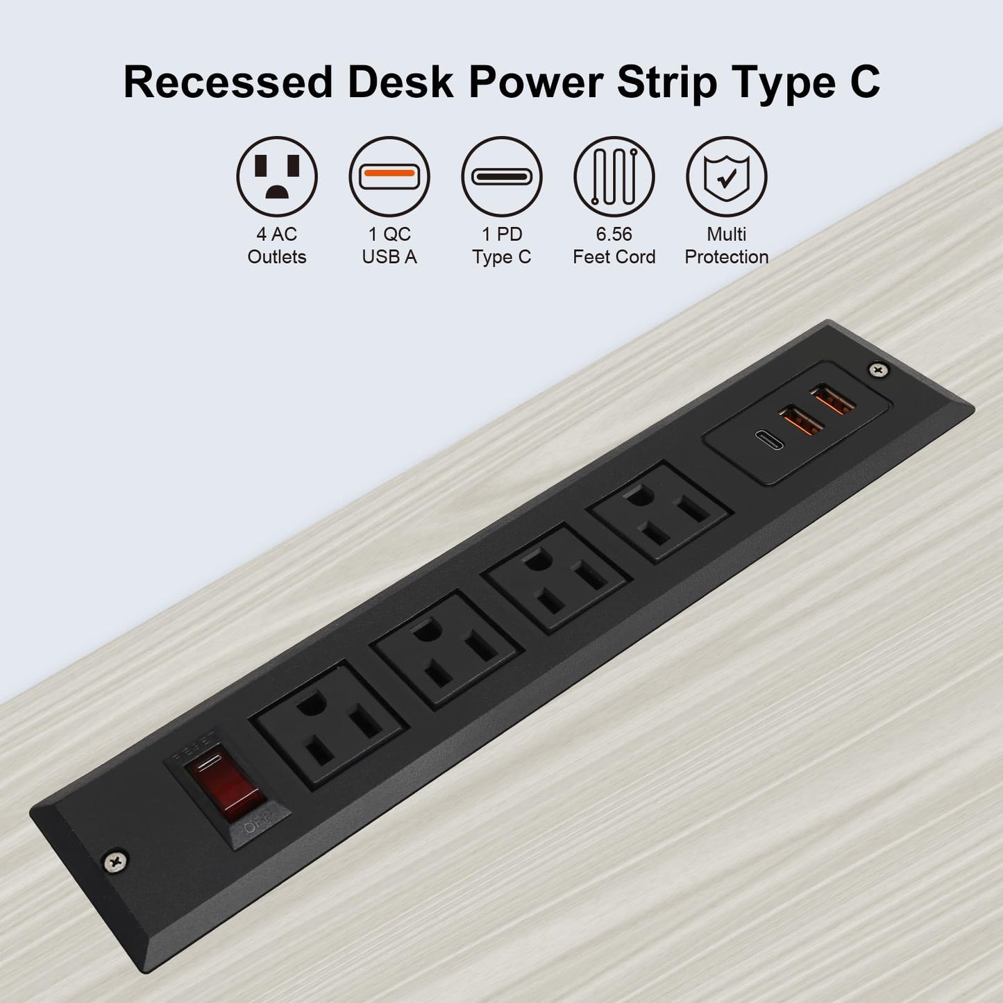 Recessed Power Strip with Type C 20W PD Fast Charge Desk Power Outlet 4 Outlets 2 USB and 1 USB C Built in Furniture Extension Power Plug for Dorm