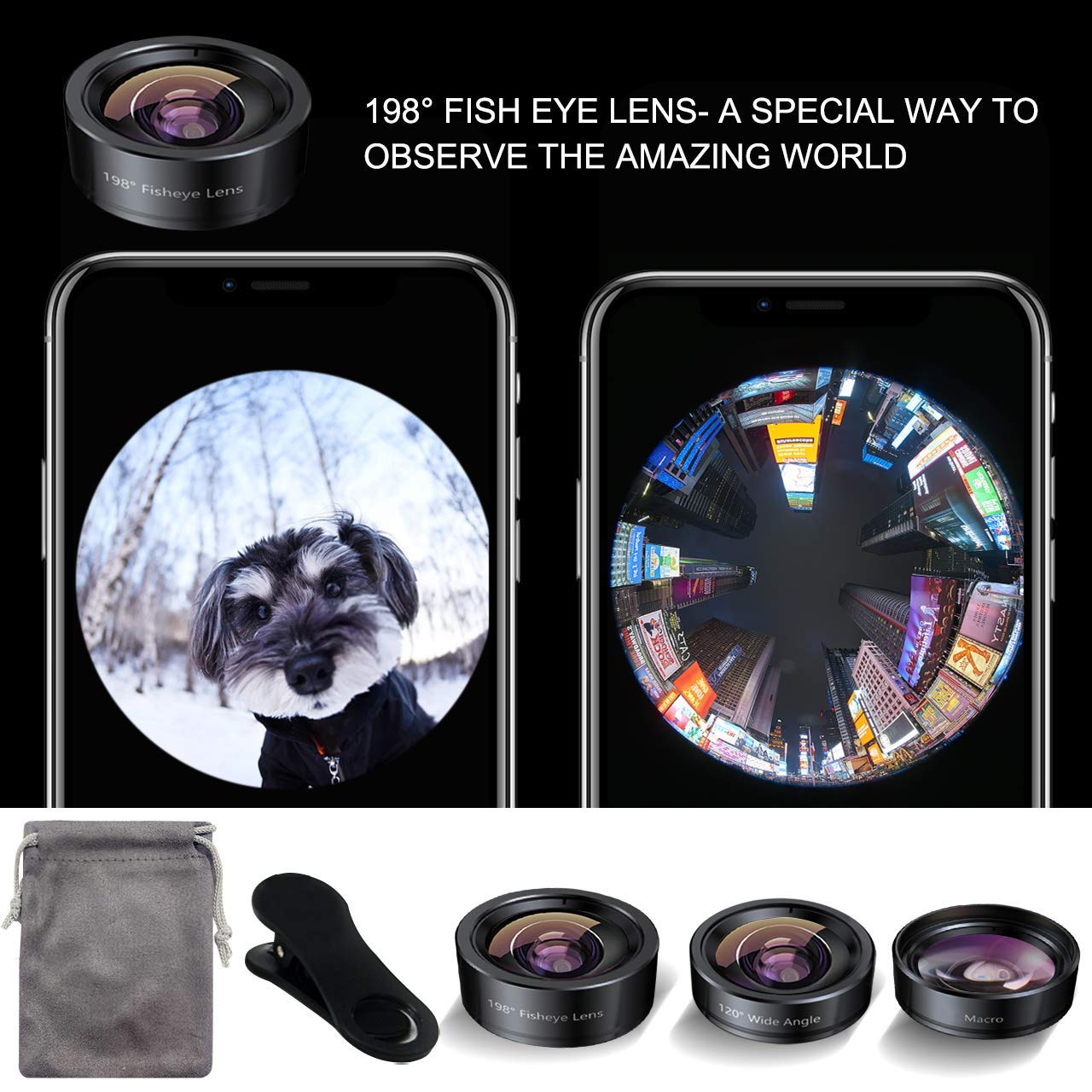 KEYWING Phone Camera Lens 3 in 1 Phone Lens Kit, 198 Fisheye Lens + 120 Super Wide-Angle Lens + 20x Macro Lens for iPhone Samsung Android Smartphone