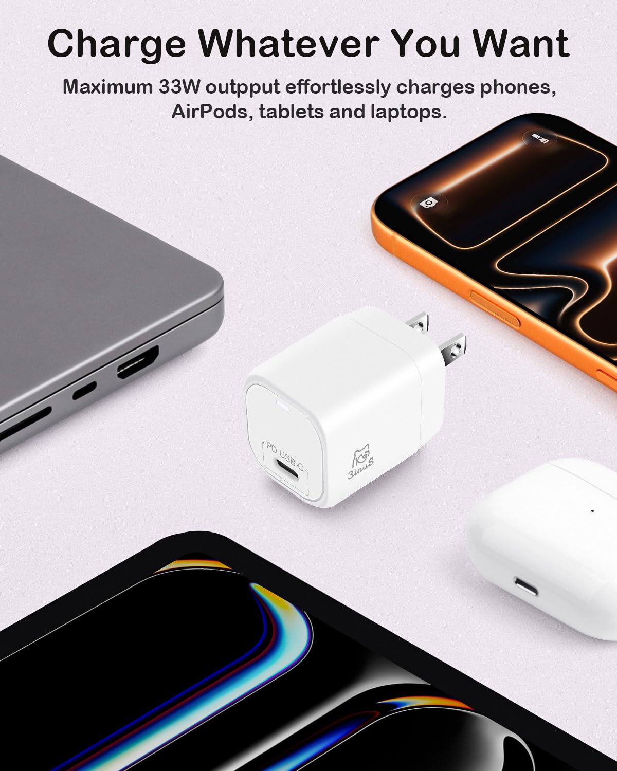 3inuS 33W GaN USB C Charger Block, Fast Charging PD Wall Charger with Foldable Plug & Travel Adapters, Portable Power Adapter for iPhone 17/16/15 Pro