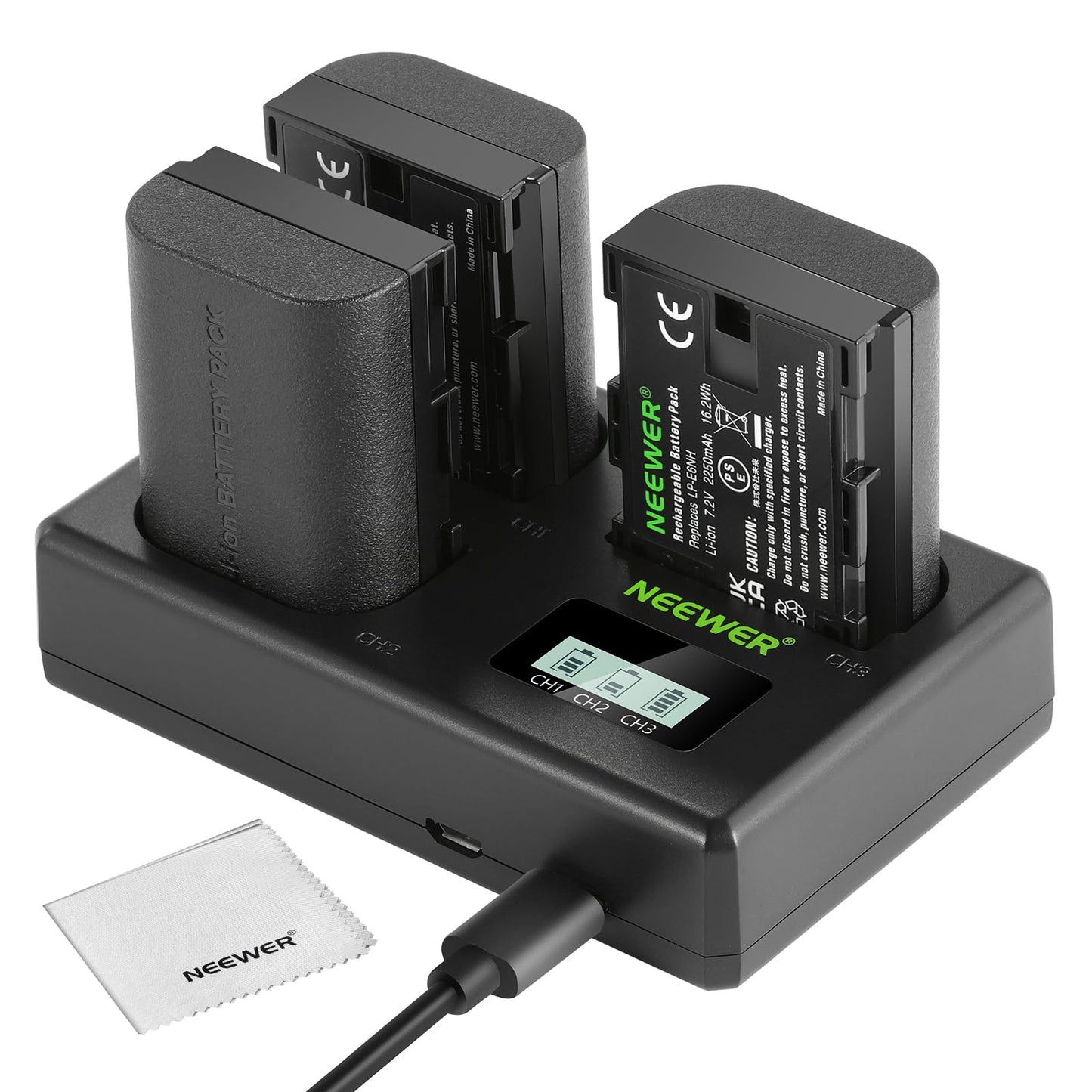 NEEWER Replacement Battery and Charger Set for LP-E6NH, 2250 mAh Replacement for LP-E6NH Battery & Triple Slot USB Charger Compatible with Canon EOS