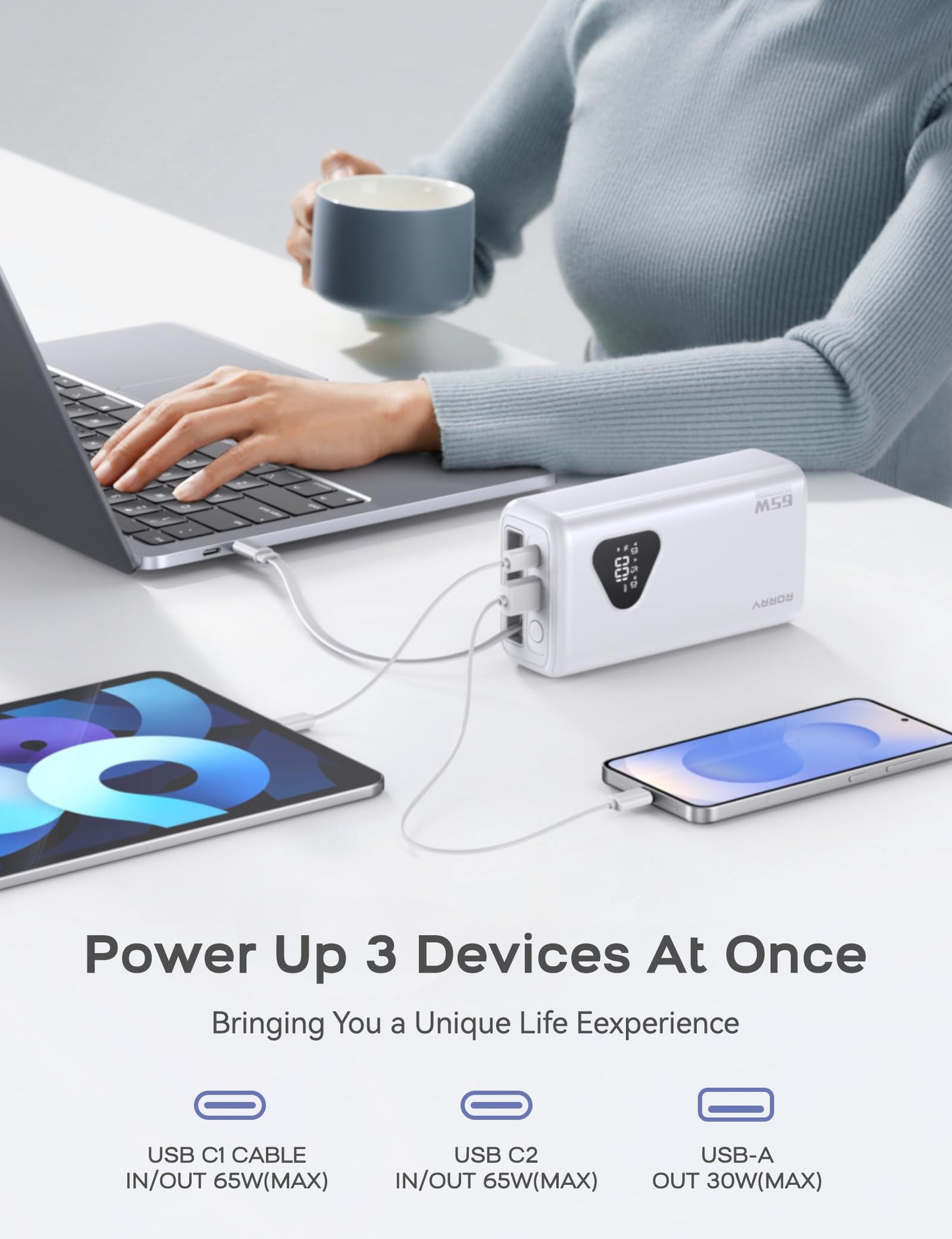 RORRY Laptop Power Bank, 25000mAh 65W Portable Laptop Charger Battery Bank PD Fast Charger Built in Retractable Cables, for iPhone 17/16/15 Series