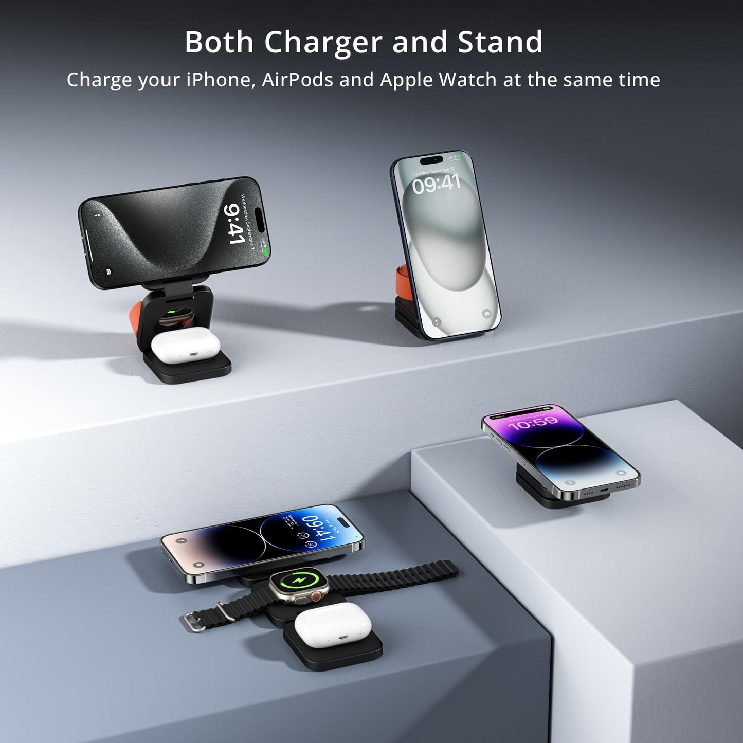 3-in-1 Wireless Charger Stand, LULULOOK 15W Magnetic Charger Wireless Fast Charging Station for iPhone 16/15/14 Series, Aluminum 5W Charger for Apple