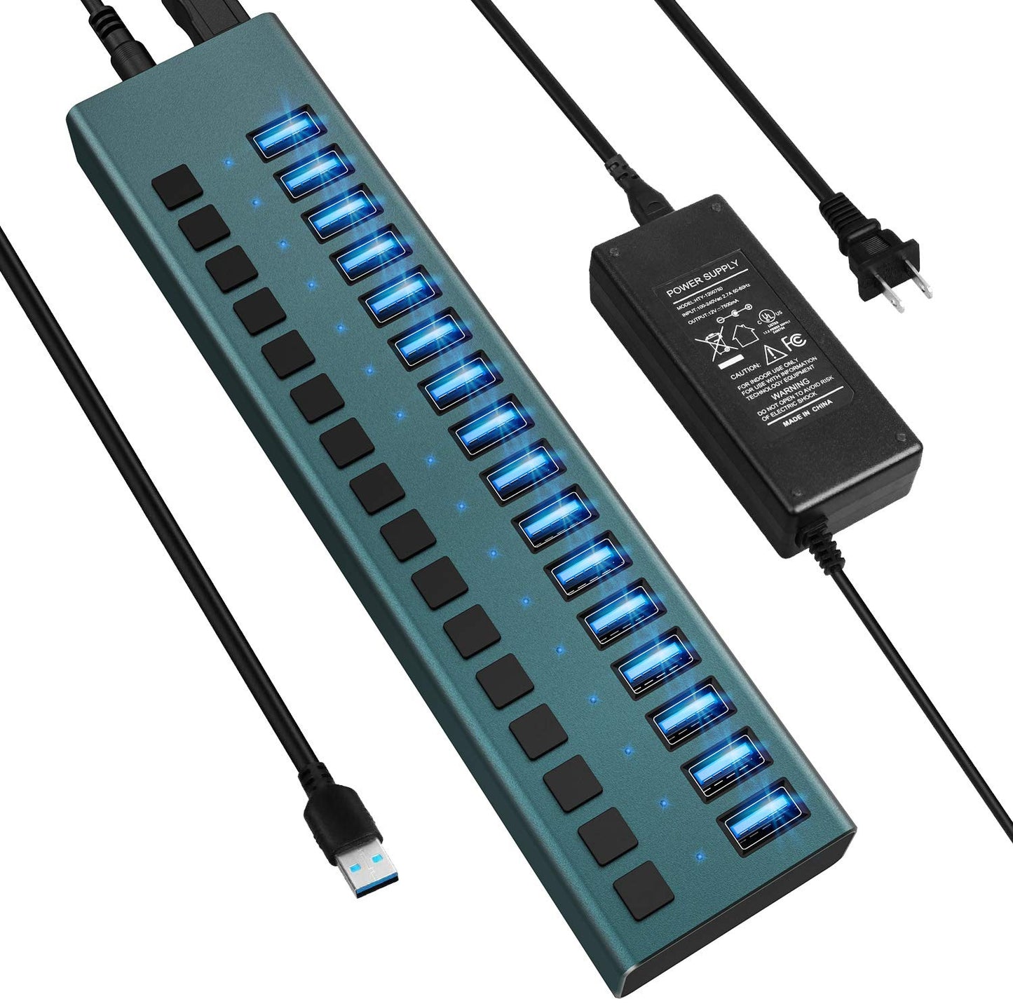 USB 3.0 Hub -16 Ports Powered USB Hub 90W USB Charging Hub with Individual On/Off Switches and 12V/7.5A Power Adapter and Multi-USB Port