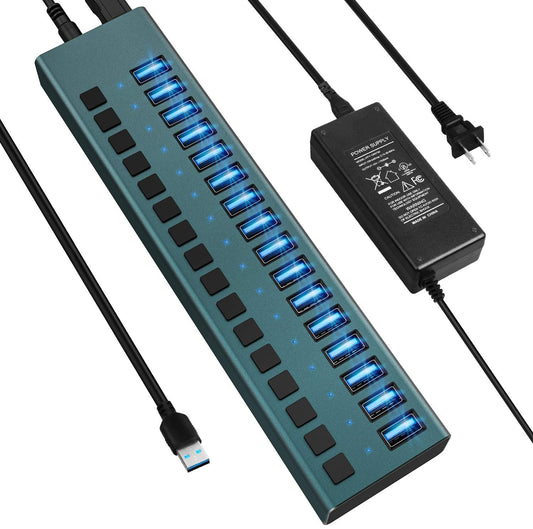 USB 3.0 Hub -16 Ports Powered USB Hub 90W USB Charging Hub with Individual On/Off Switches and 12V/7.5A Power Adapter and Multi-USB Port