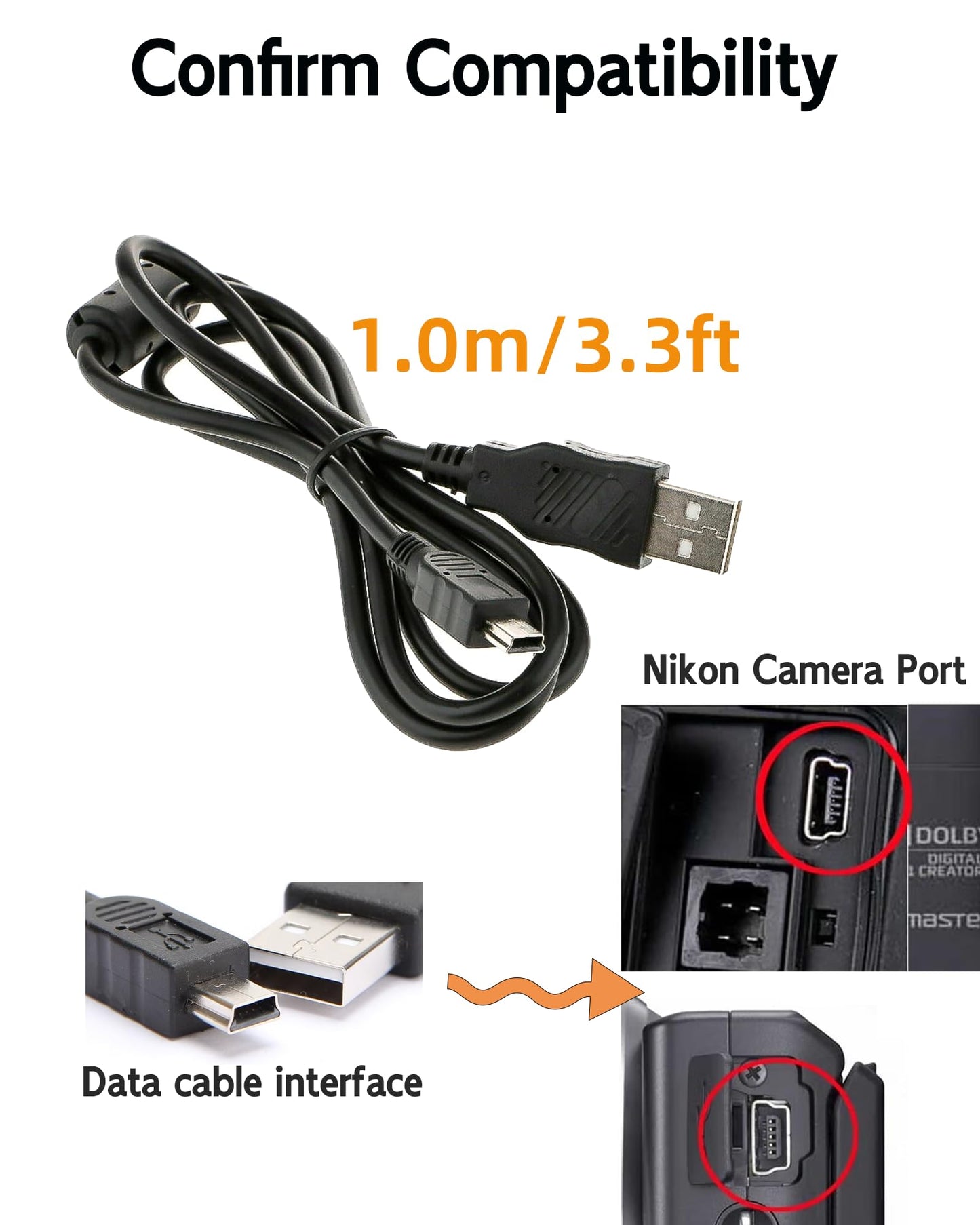 3.3ft Replacement UC-E4, UC-E15, UC-E19 USB Cable Photo Transfer Cord for Nikon D7000 D3100 D3000 D90 D80 D70 D60 D50 D40 D600 D610 D700 D300 D200