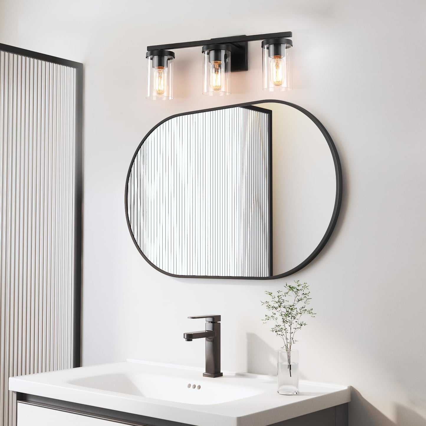 Kiloeye 20in Bathroom Light Fixture Over Mirror, 3-Light Matte Black Vanity Lights with Clear Glass Shades, Modern Wall Sconces for Living Room