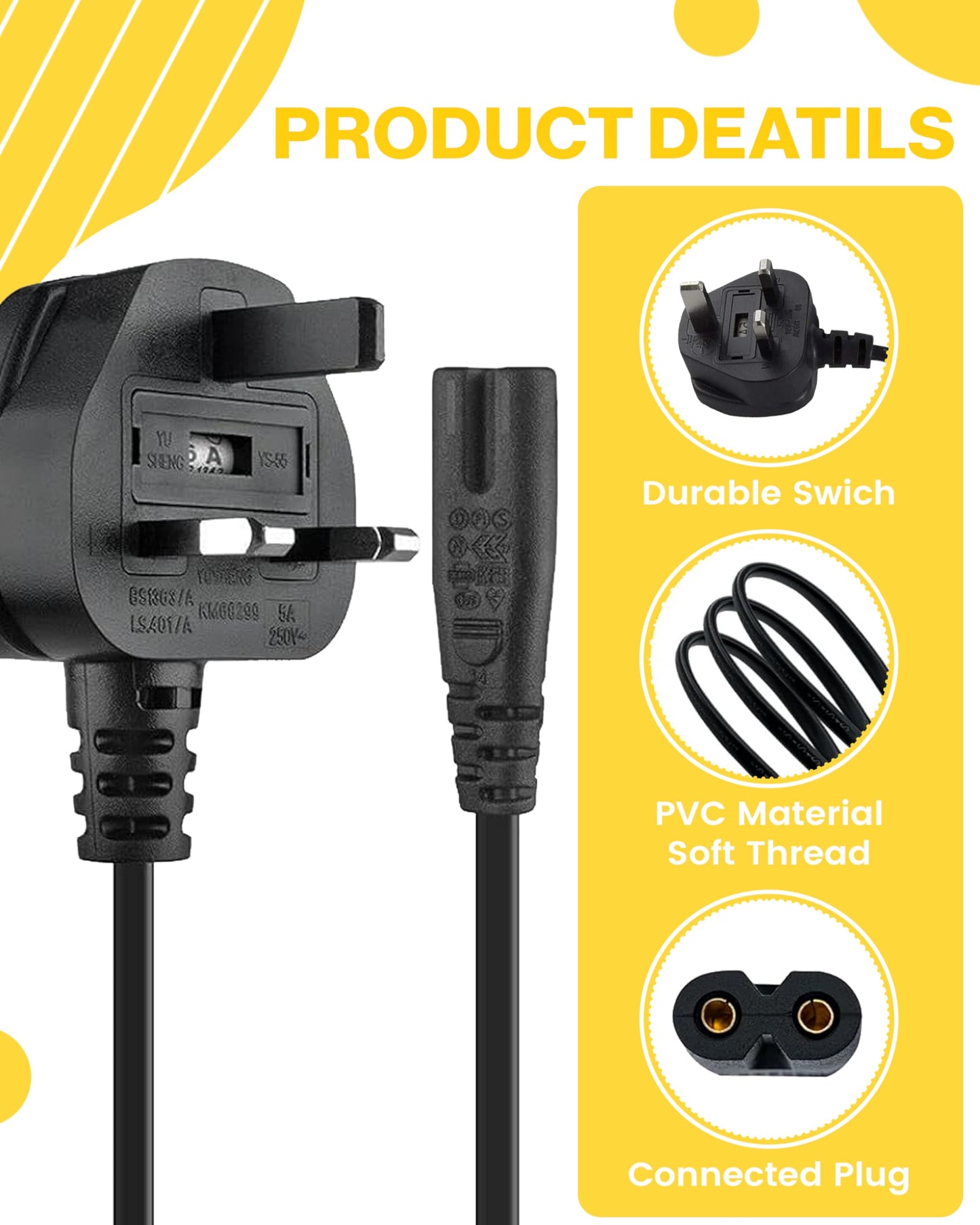 United Kingdom UK 2- Slot Printer Power Cord Cable, Non-Polarized (IEC-320-C7 to CEE 7/16) Works with Printer, TV, PS4 Game Console and More for UK