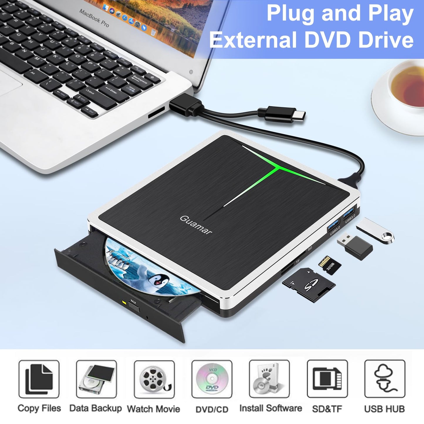 Guamar External DVD Drive for PC: USB-C CD Burner Player for Laptop Mac Windows 11 with SD/TF Slot/2 USB Ports/Carrying Case Read Write