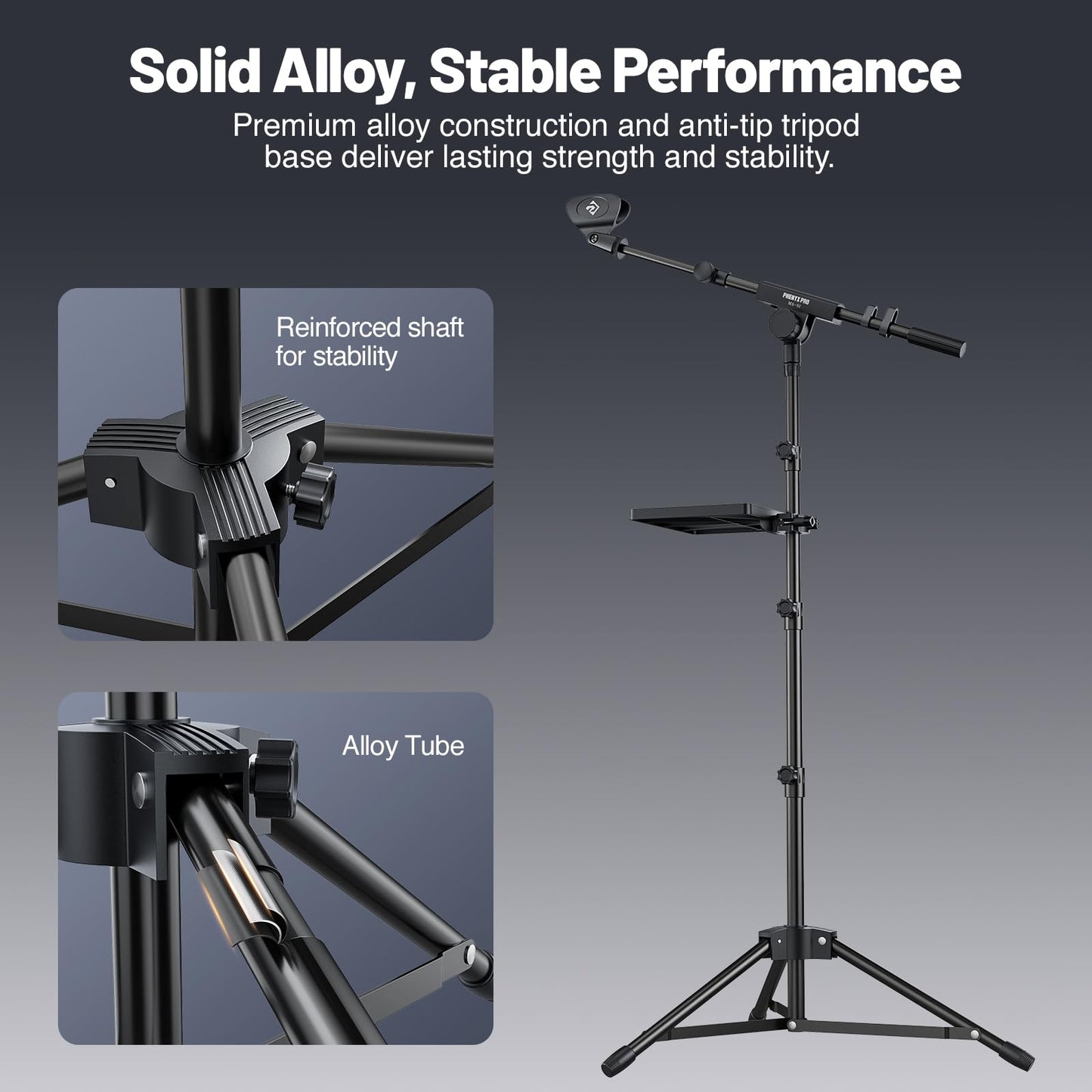 PHENYX PRO Microphone Stand with 22x16cm Large Tray, Adjustable Stand Height, Dual Mic Clips & Carrying Bag, Ideal for Live Streaming, Recording, and