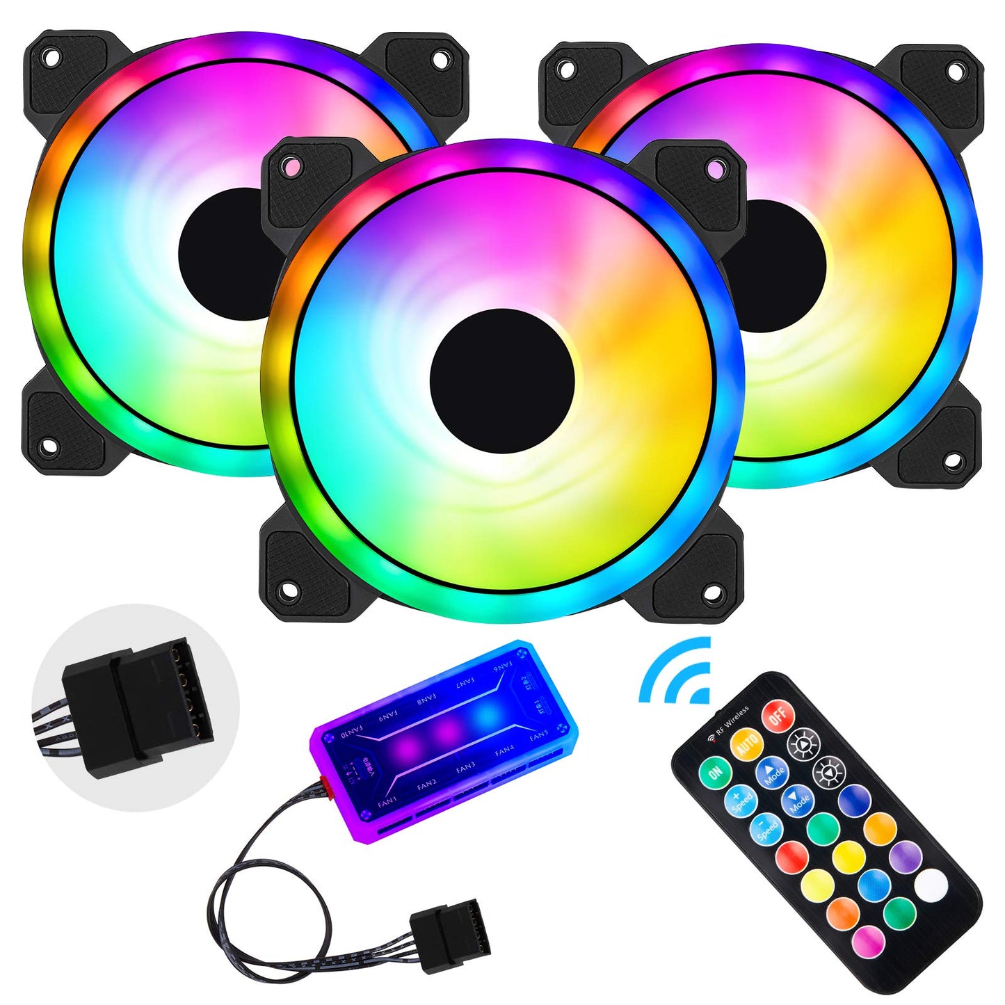 3 Pack RGB Case Fans, 120mm Ultra-Quiet RGB Chassis Cooling Fans, Equiped with Remote Control Hub, 5V ARGB Sync, Speed Adjustable Colorful Cooler