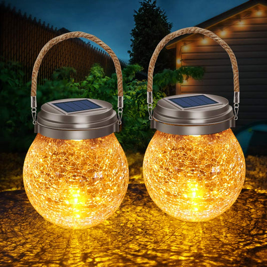 DBF Solar Lanterns Outdoor 2 Pack - Waterproof IP65 Hanging Solar Lights with Warm Amber & RGB Colors, Crackle Glass LED Ball Lights Globes Garden