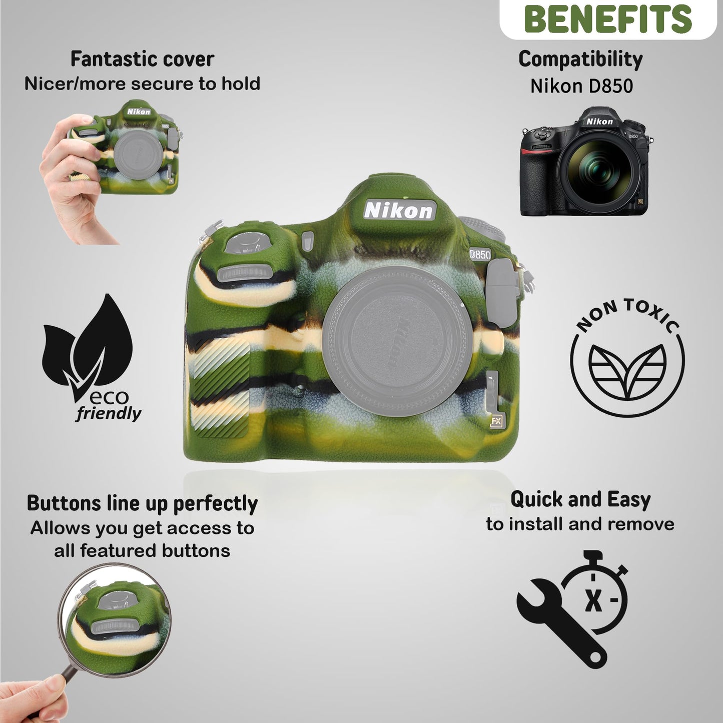 STSEETOP Camera Case for Nikon D850 - Silicone Protective DSLR Skin Cover, Detachable Cage, Shockproof, Dustproof (Camouflage)