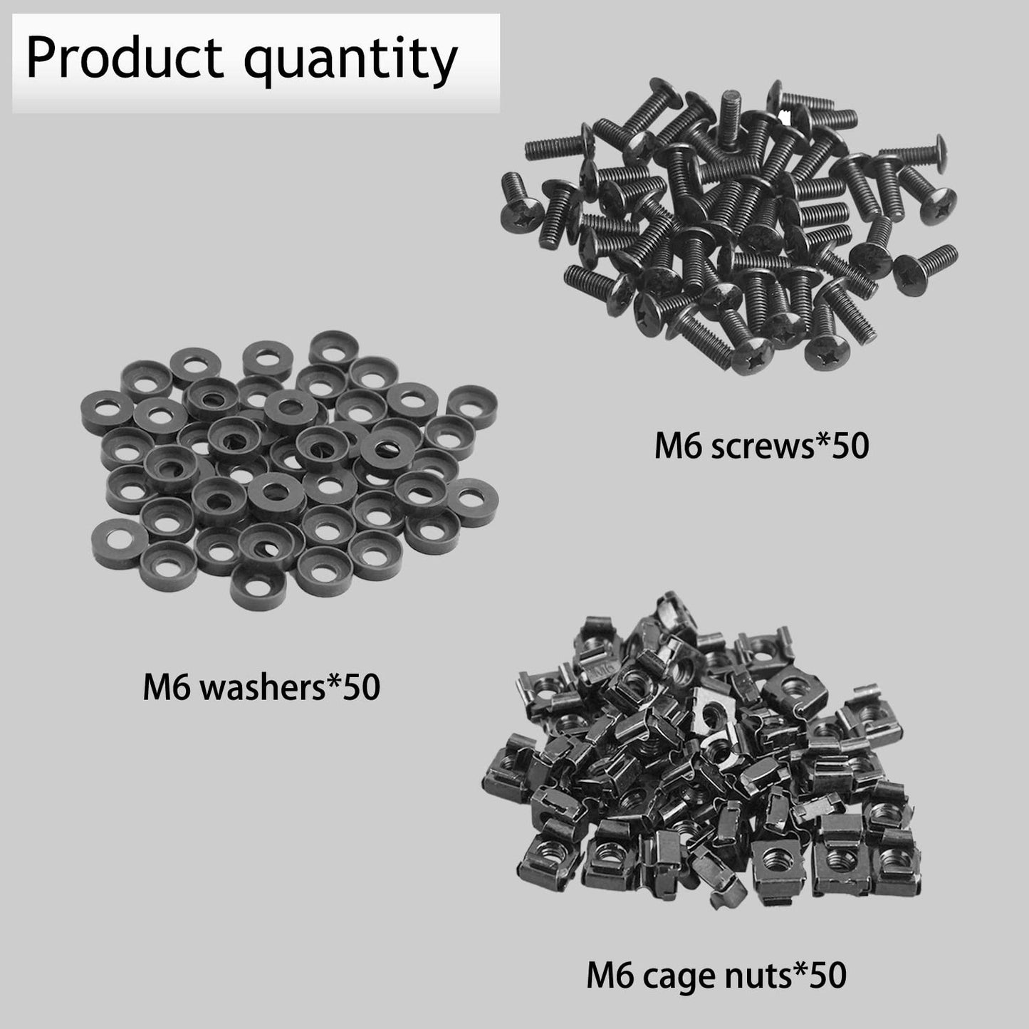 Leadrise 50-Pack M6 x 16mm Computer Rack Mount Cage Screws, Nuts & Washers for Server Cabinet - Black