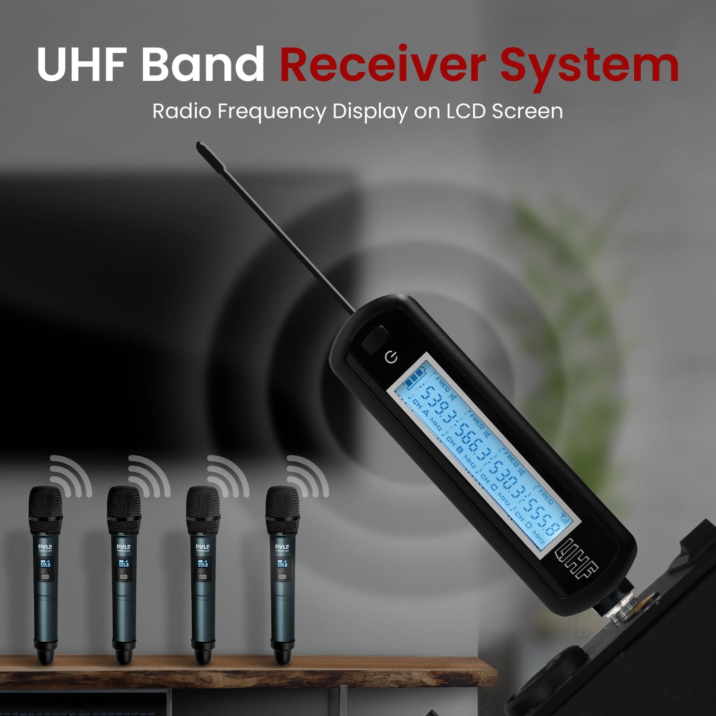 Pyle Portable UHF Band Receiver System, 4 Channel Wireless Microphone System Independent Channel Controls, RF Signal LCD Indicator, Digital Audio